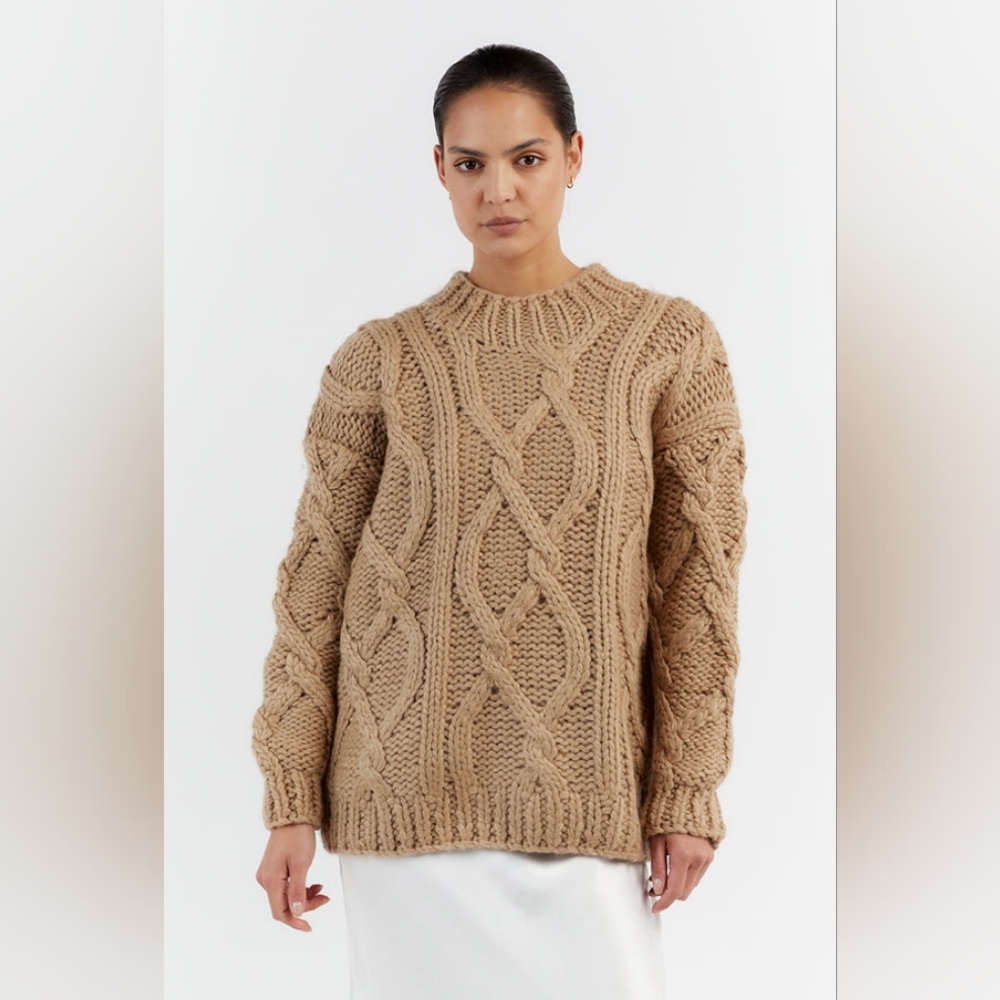 Dissh Ellis Oat Chunky Cable Knit Jumper, Tan Natural Wool Viscose Sweater, XS/S